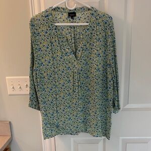Floral V-Neck Blouse - Blue and Yellow